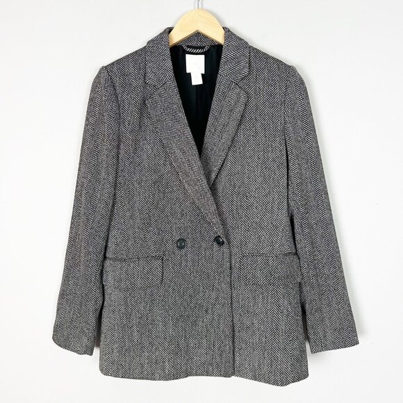 H&M Black & White Herringbone Blazer Jacket Fall Winter Classic Size 6 Women's - Picture 1 of 4